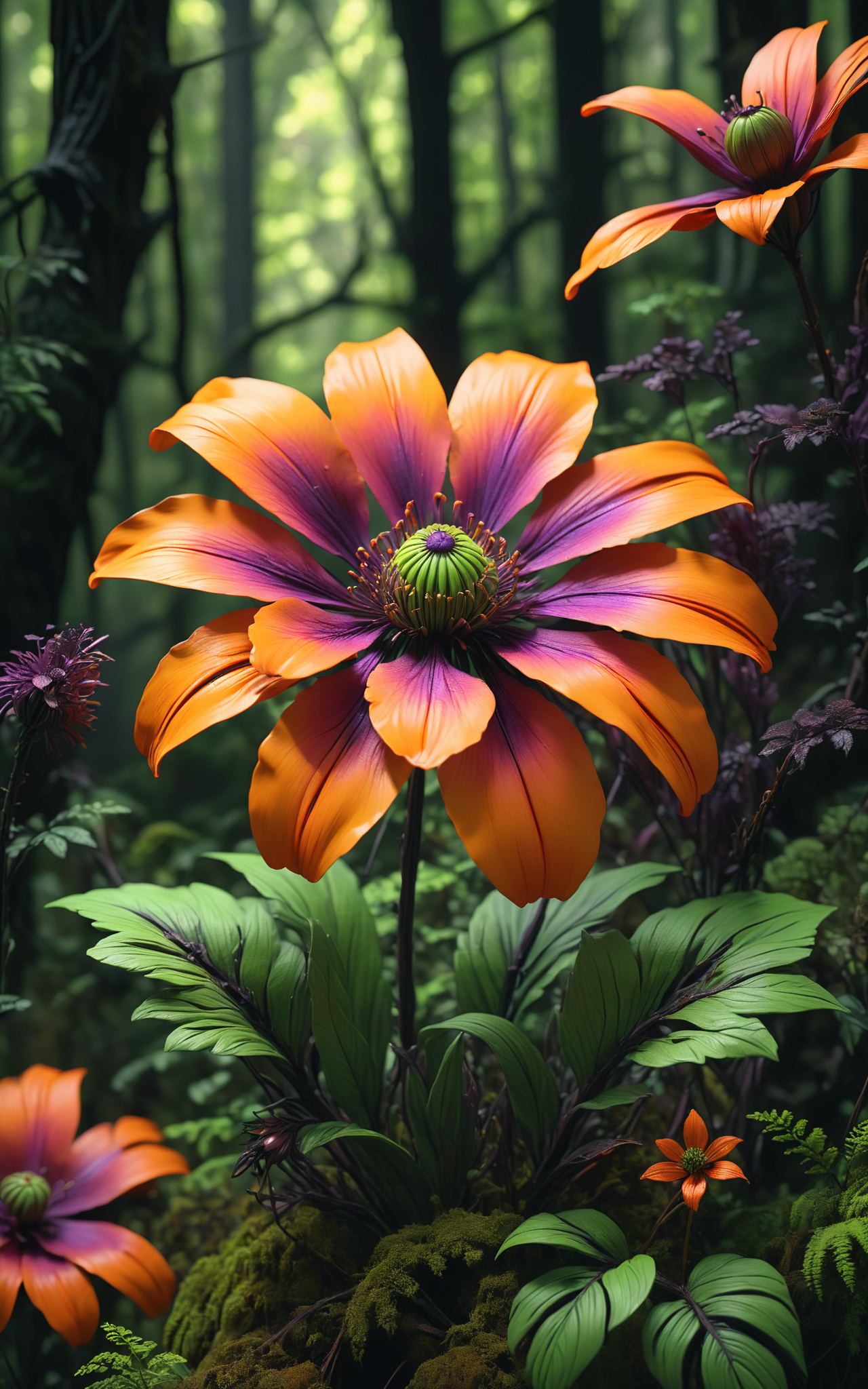 08909-2833331309-A beautiful purple flower in a dark forest, in the style of hyper-realistic sculptures, dark orange and green, post-apocalyptic.png